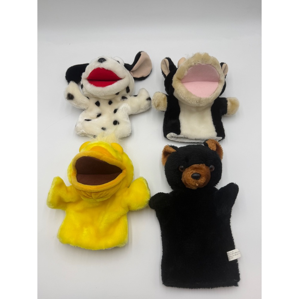 Lakeshore Dollar Tree Plush Hand Puppet Lot Dalmatian Cow Duck Black Bear 4pc